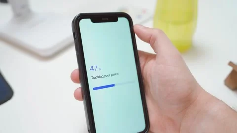 Hand holding smartphone with parcel tracking app showing loading and error Stock Footage 341746058