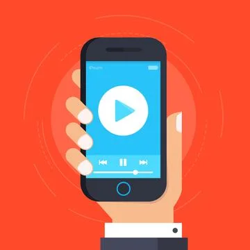Hand holding smartphone with player on the screen vector illustration Stock Illustration