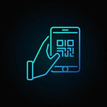 Hand holding smartphone with QR code vector blue linear icon Stock Illustration