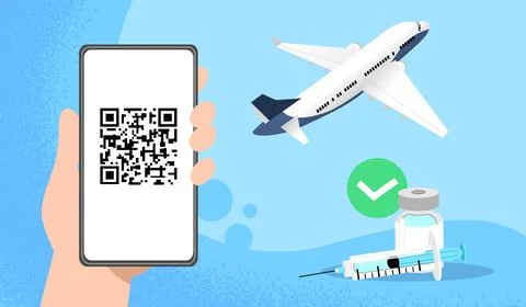 Hand holding smartphone with qr code- airplane and vaccine in background Stock Illustration