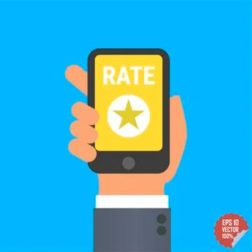Hand holding smartphone with rate button. Star icon. Social network, social m Stock Illustration