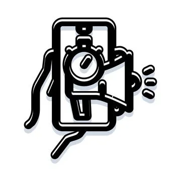 Hand holding smartphone screen with timer and megaphone Stock Illustration