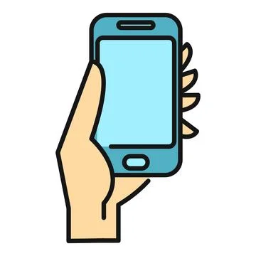 Hand holding smartphone showing empty screen line art Stock Illustration