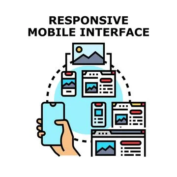 Hand holding smartphone showing responsive web interface adapting Иллюстрация