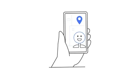 Hand holding smartphone with a smiling face icon and location pin, representing Stock Footage 304965507