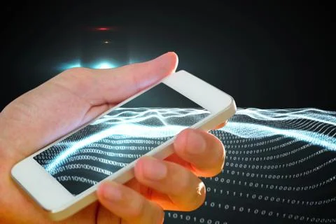 Hand holding smartphone with technical waves 写真素材