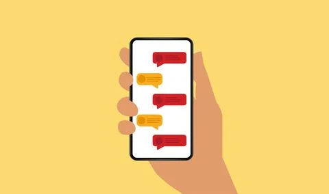 Hand holding Smartphone with text bubbles on the screen. Stock Illustration