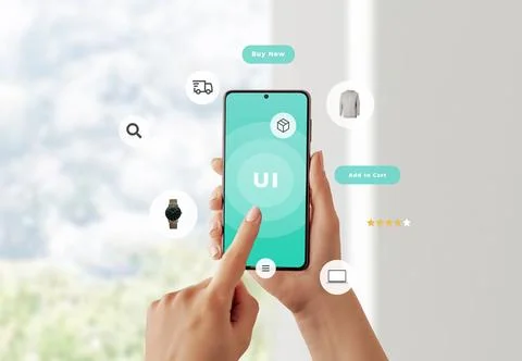 Hand holding smartphone with UI interface on screen Foto stock