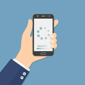Hand holding smartphone with update loading process, vector illustration, fla Stockillustratie