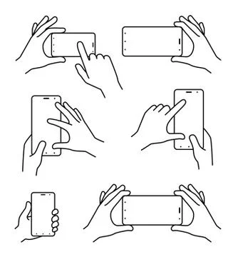 Hand holding smartphone. vector black and white collection smartphone in hand 스톡 일러스트