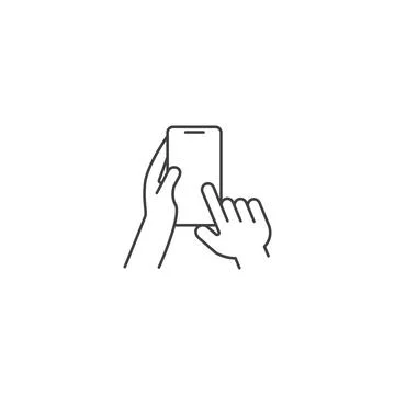 Hand holding smartphone. Vector outline icon template Illustrazione stock