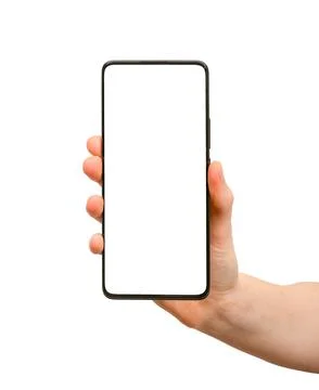 Hand holding smartphone vertical screen mockup isolated on white background.. Foto stock