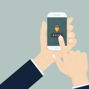 Hand holding smartphone while entering the password.Mobile phone unlocked not Stock Illustration