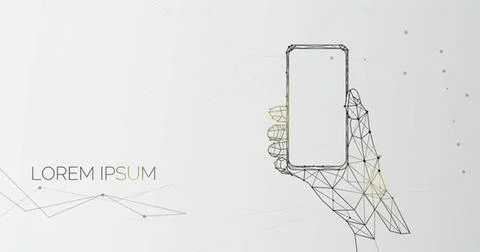 Hand holding smartphone with wireframe design on background Stock Illustration