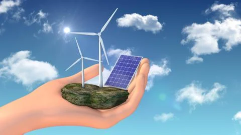 Hand Holding Solar Panel and Wind Mill Renewable Energy Concept Ilustração Stock