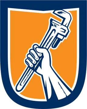 Hand holding spanner wrench shield woodcut. Stock Illustration
