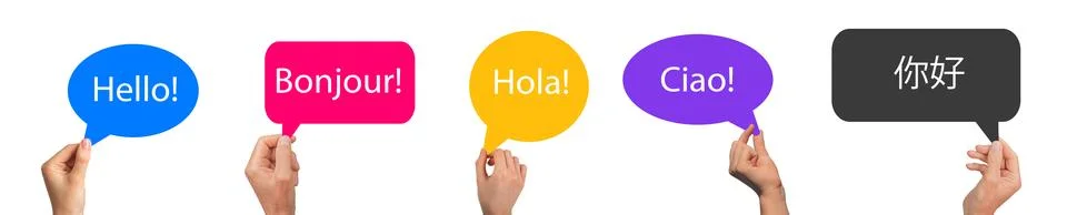 Hand holding a speech bubble with different languages. Hello word in English, Stock Photos