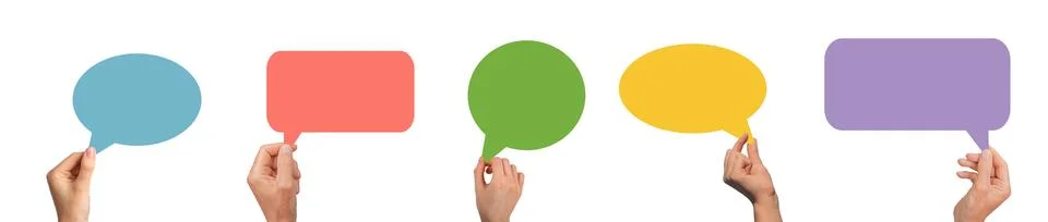 Hand holding speech bubble with empty space for feedback and comment. Conce.. Stock Photos