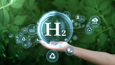Hand holding a sphere hydrogen H2 molecule. The concept of hydrogen green energy Stock Footage 310724397