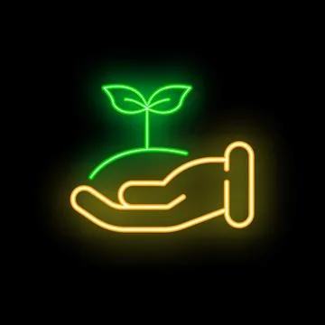 Hand holding sprout growing on soil neon sign on black background Stock Illustration