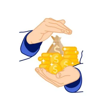 Hand holding stack of coins icon flat. Money, dollar on isolated white backgr Stock Illustration