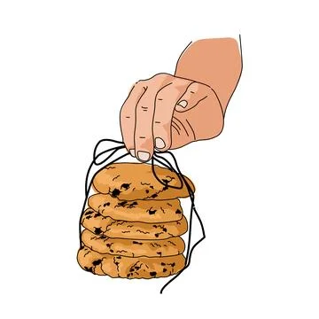 A hand holding a stack of cookies with straw rope. Stack of chocolate biscuits Stock Illustration