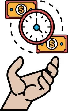 A hand holding a stack of money and a clock Illustrazione stock