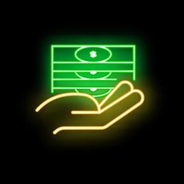 Hand holding stack of money neon sign on black background Stock Illustration