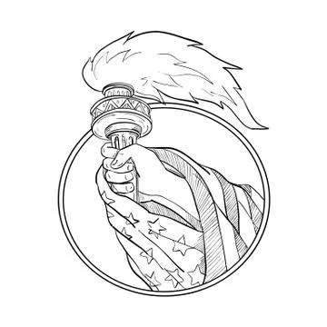 Hand Holding Statue of Liberty Torch Drawing Black and White Stock Illustration