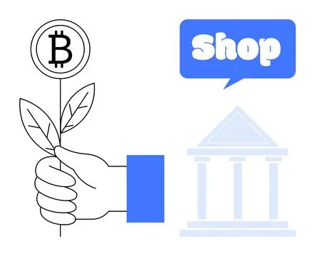 Hand holding a stem with a Bitcoin symbol, next to a shop sign and a bank bui Ilustración de archivo