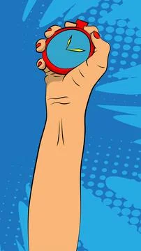 Hand Holding Stopwatch. Comic book style vector illustration. Stock Illustration