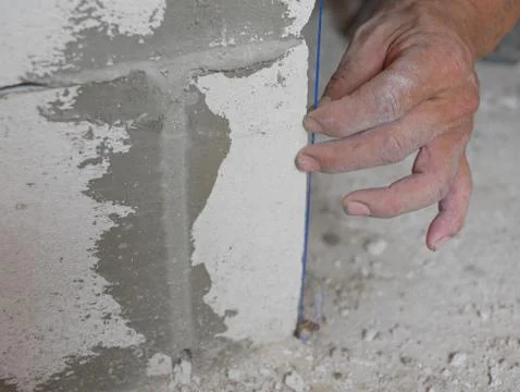 Hand holding on a string used as a vertical reference line for wall building Stock Photos