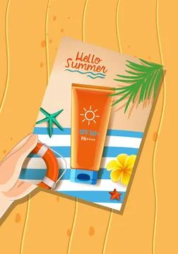 Hand Holding Summer Postcard with Sunscreen Tube on Sandy Beach Background 스톡 일러스트