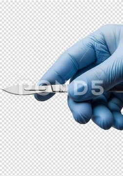 Hand holding surgical scalpel, sharp medical instrument PSD Template