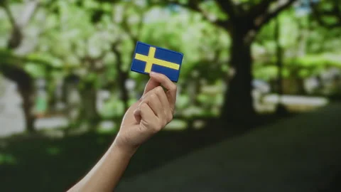 Hand holding a swedish flag patch outdoors in a park, showcasing national p.. Stock Footage 306405328
