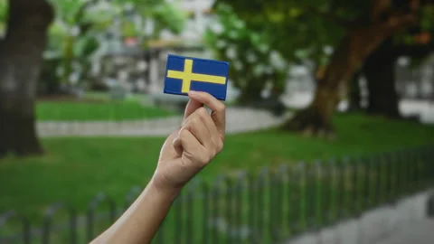 Hand holding swedish flag patch outdoor in a park setting, with caucasian m.. Stock Footage 314681205