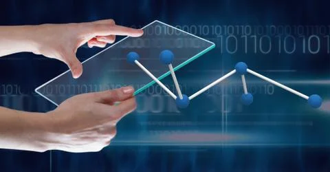 Hand holding tablet with 3D science connector icon 写真素材