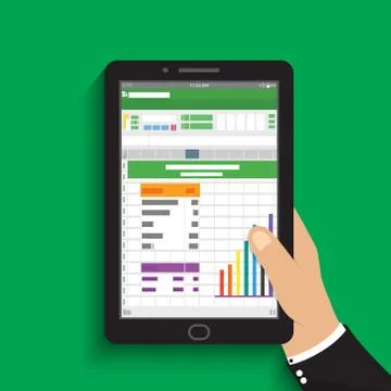 Hand holding tablet. businessman read spreadsheet financial analysis report w Stock Illustration