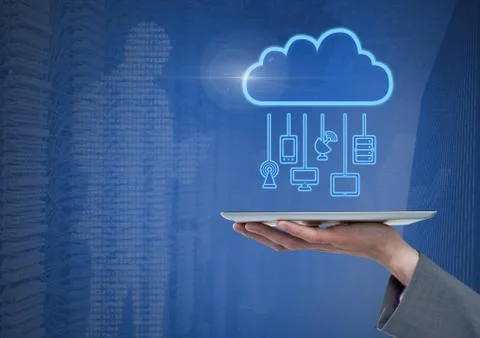Hand holding tablet with cloud icon 스톡 사진