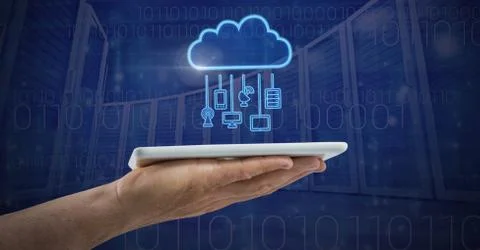 Hand holding tablet with cloud icon and hanging connection devices and 스톡 사진