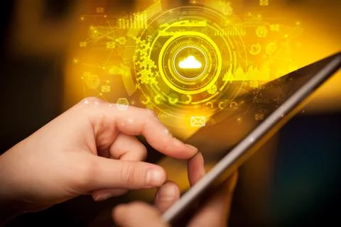 Hand holding tablet with cloud system concept Foto stock