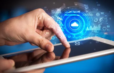 Hand holding tablet with cloud system concept Stockfoto's