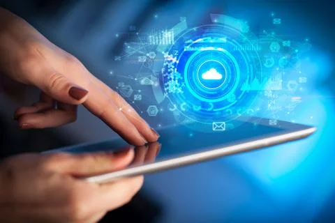 Hand holding tablet with cloud system concept Foto stock