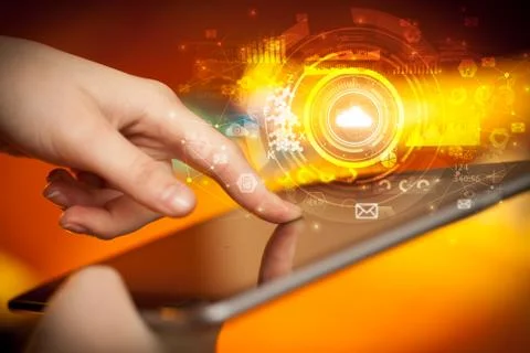 Hand holding tablet with cloud system concept Foto stock