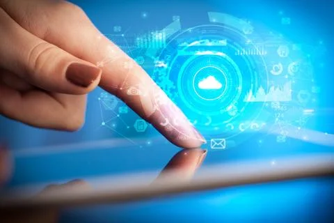 Hand holding tablet with cloud system concept Foto stock