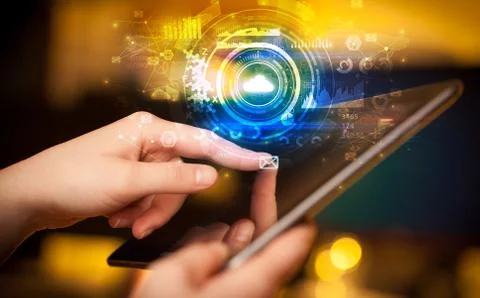 Hand holding tablet with cloud system concept Foto stock