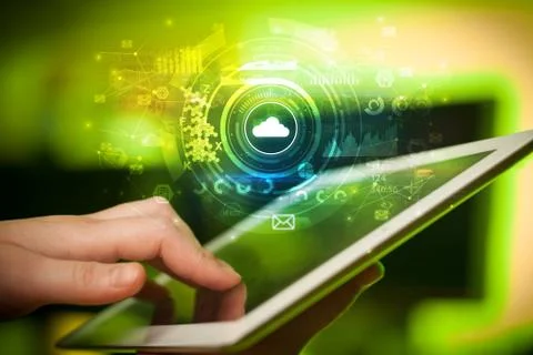 Hand holding tablet with cloud system concept Foto stock