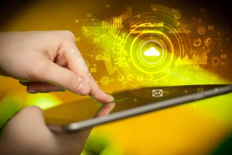 Hand holding tablet with cloud system concept Foto stock