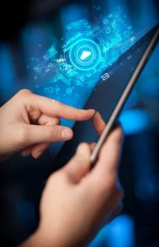 Hand holding tablet with cloud system concept Foto stock