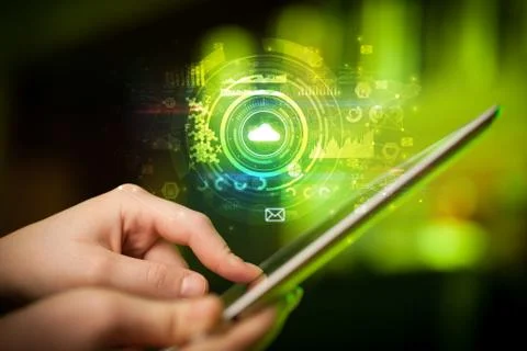 Hand holding tablet with cloud system concept Foto stock